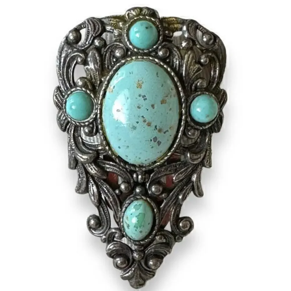 Vintage Art Deco Filigree Turquoise Glass & Silver Dress Fur Clip Brooch 1920s